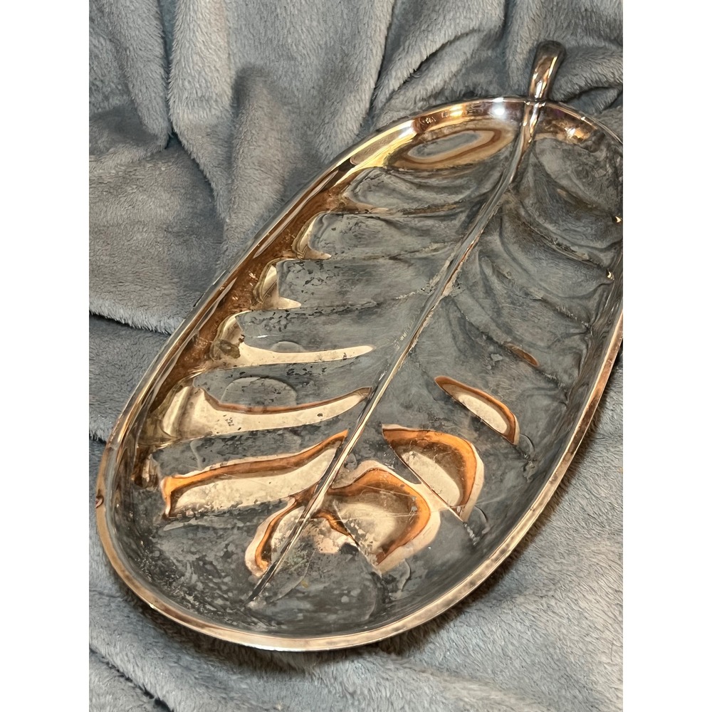 Silver Leaf Serving Platter Decorative Botanical Tray Mid-Century Style 16 inch